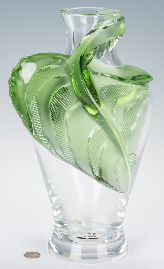 Lot 494: Lalique Green & Clear Tanega Vase