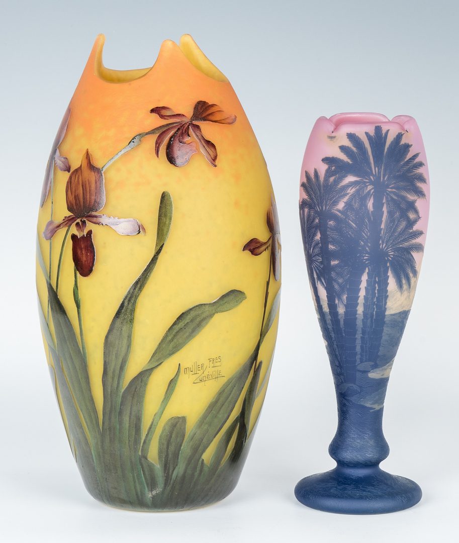Lot 496: 2 French Cameo Cut Art Glass Vases, incl. Muller Freres, Devez