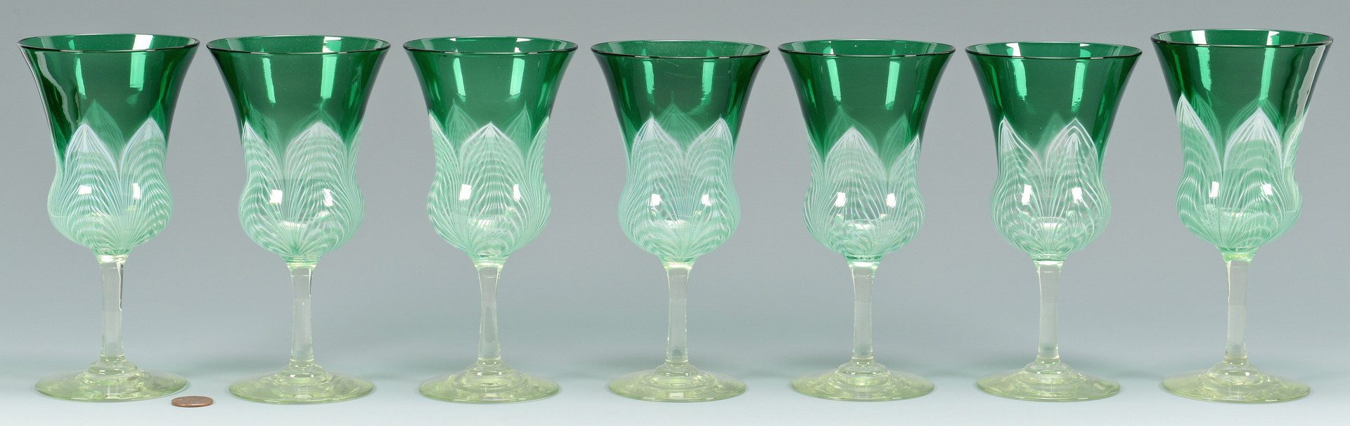 Lot 500: 7 Durand Peacock Feather Goblets