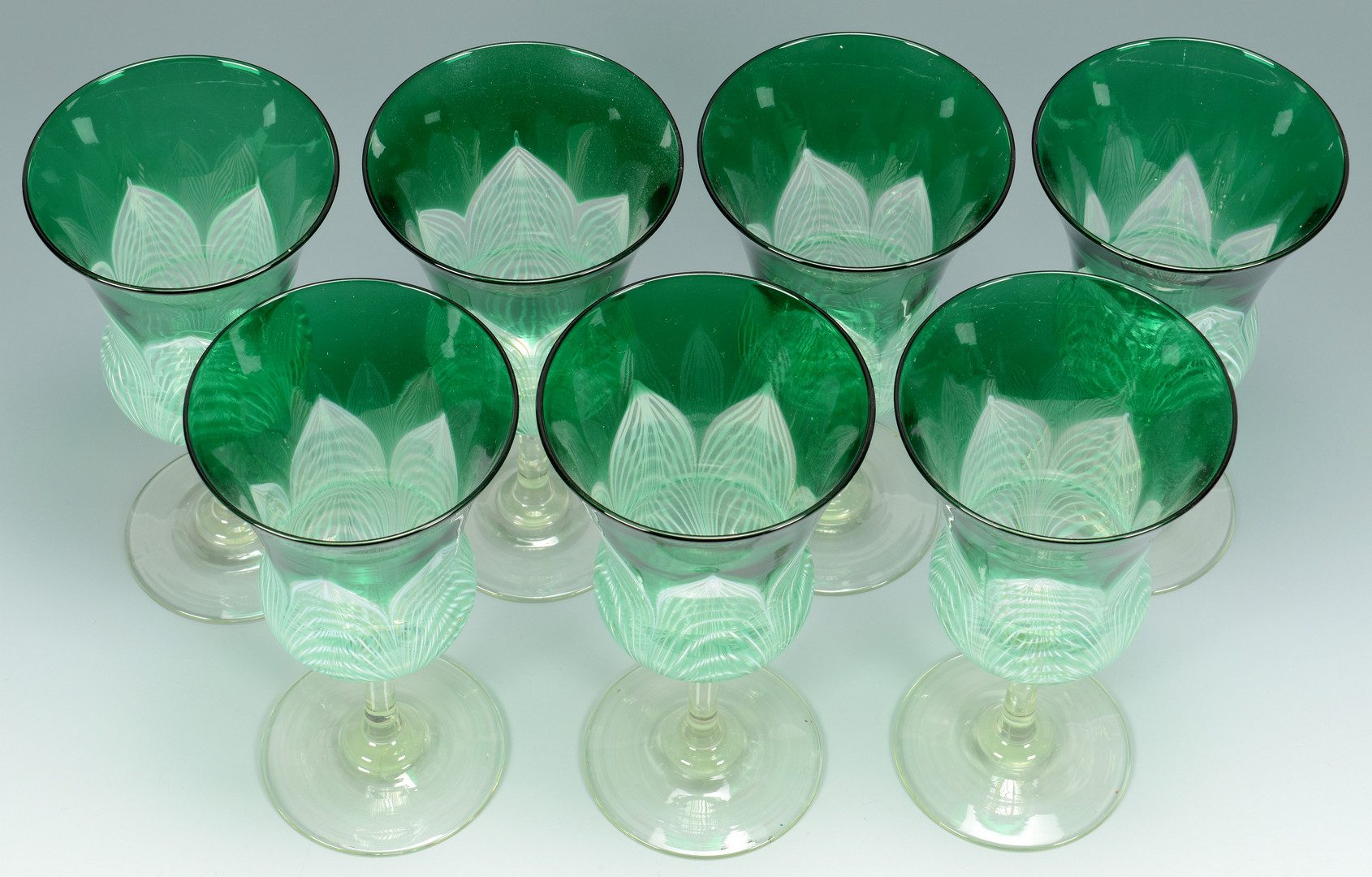 Lot 500: 7 Durand Peacock Feather Goblets