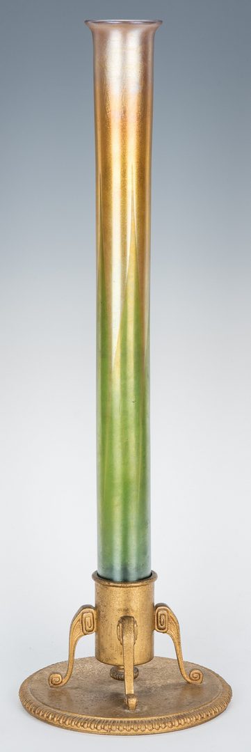 Lot 507: Large Tiffany Favrile Art Glass Vase w/ Bronze Stand