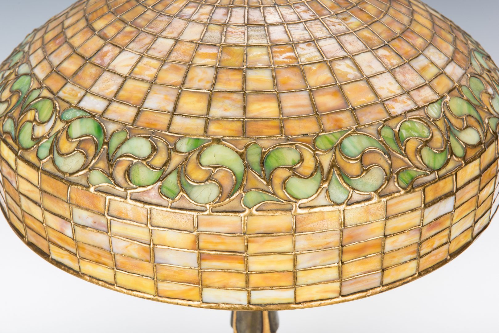 Lot 509: Tiffany Studios Mock Turtle Lamp & Lemon Leaf Shade