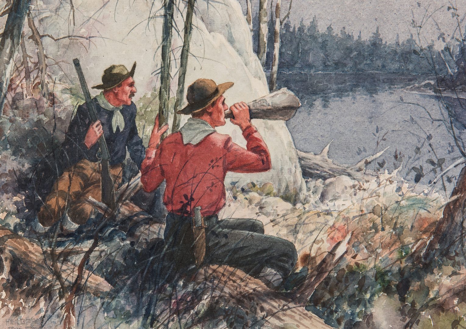 Lot 568: Herbert Rudeen Watercolor Painting, Moose Calling