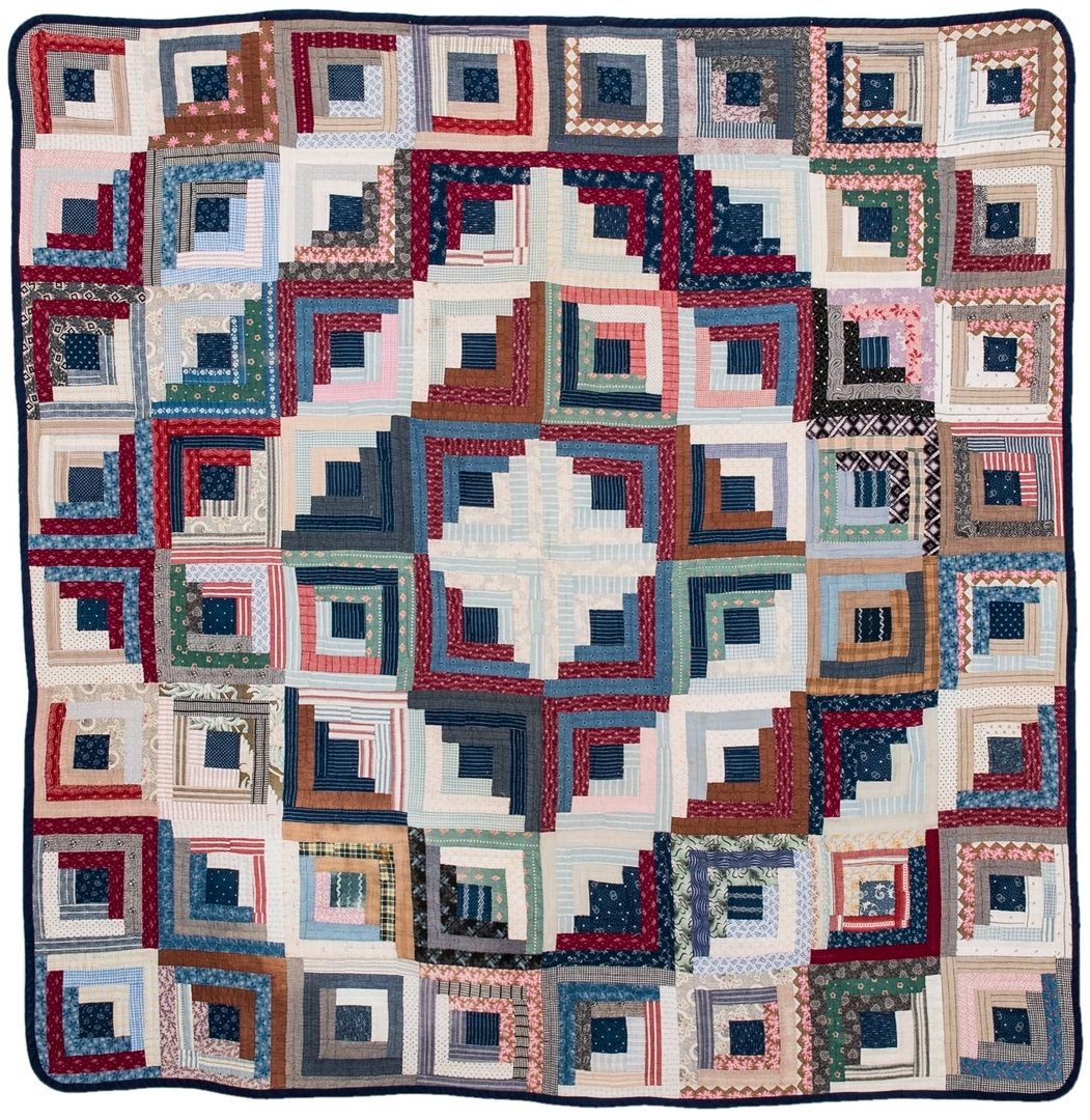 Lot 597: Coverlet and 3 quilts inc. Early TN Princess Feather & 2 Log Cabin