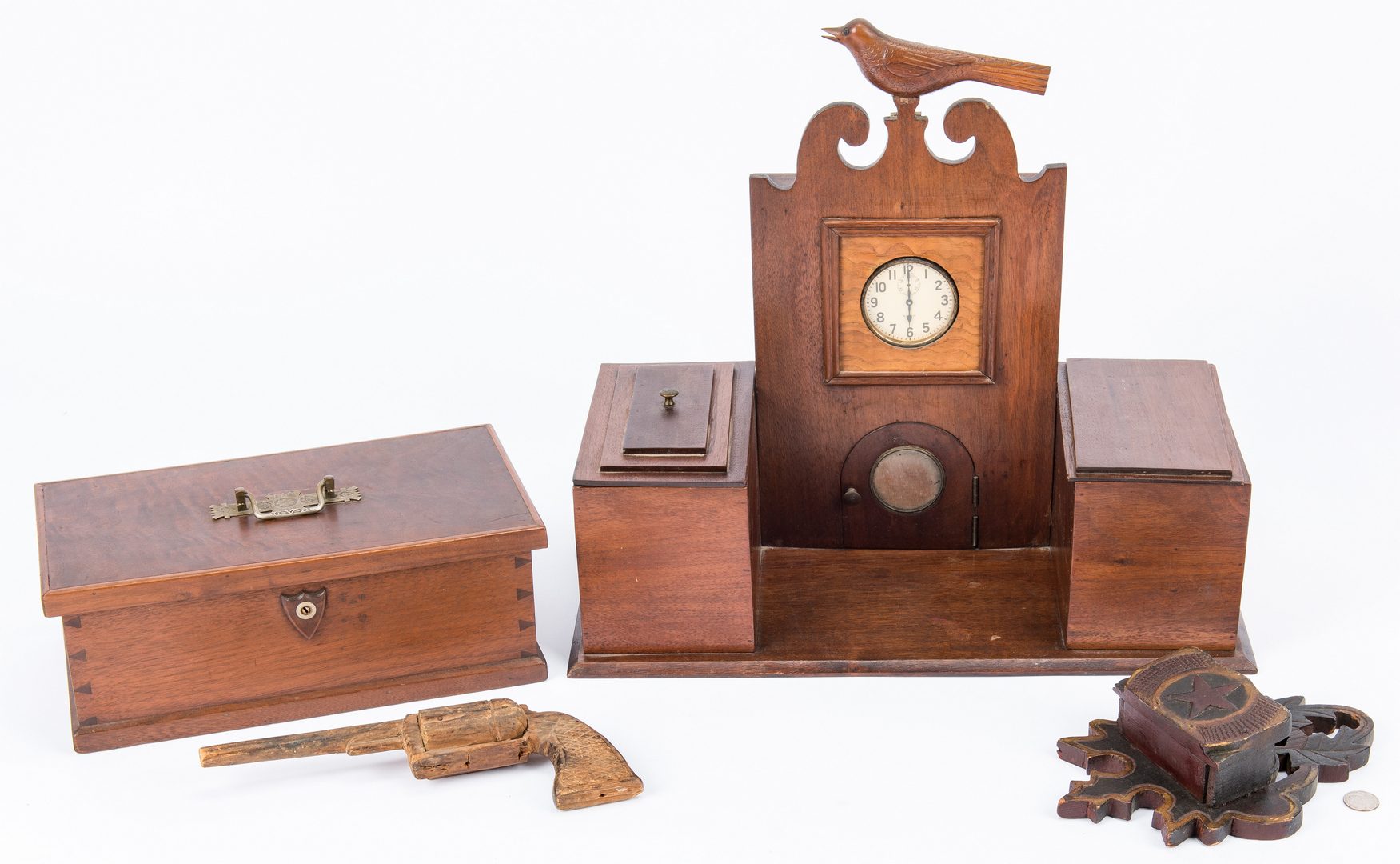 Lot 599: 4 Southern Folk Art Wooden Items, incl. Clock, VA & TN
