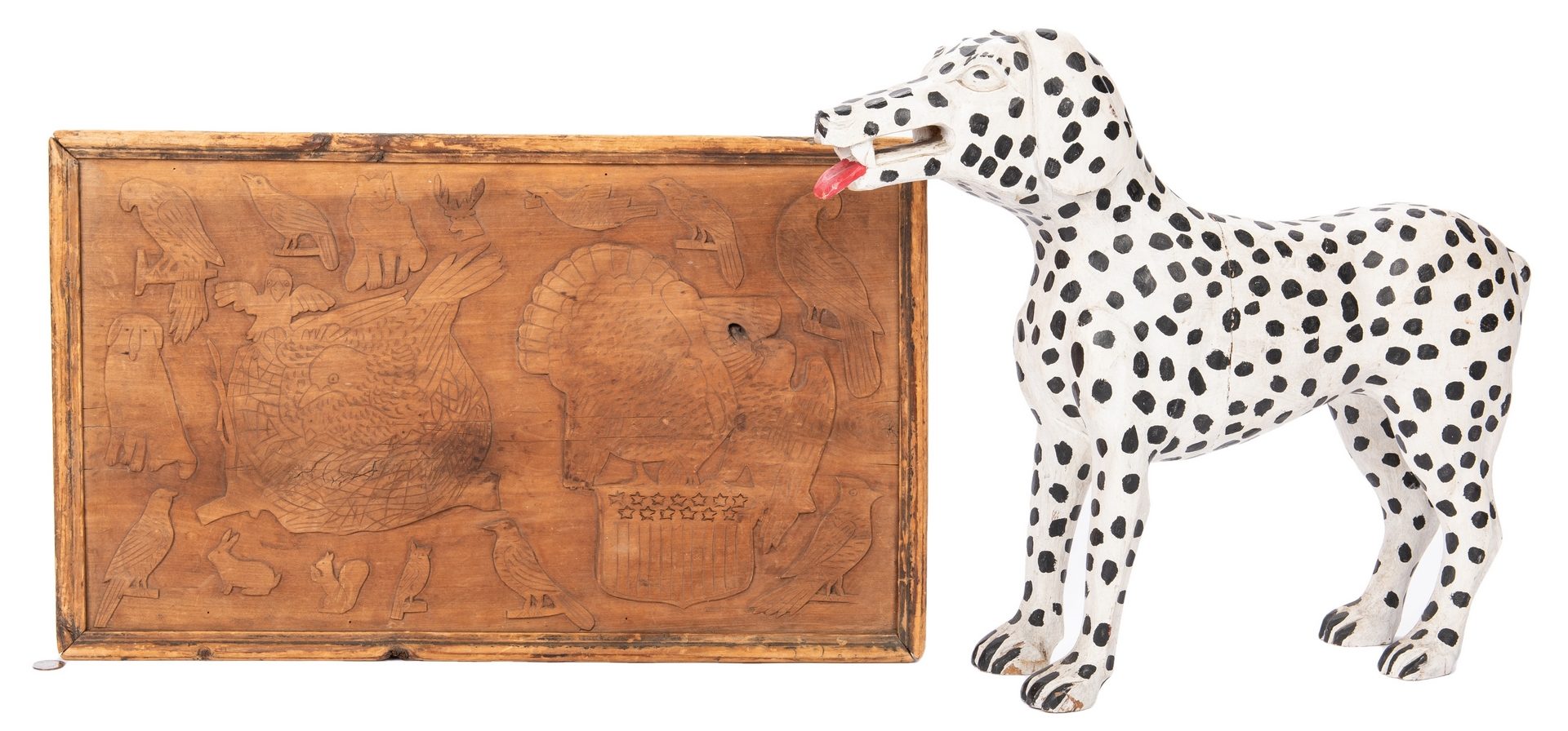 Lot 604: Folk Art: Dalmatian and Carved Plaque