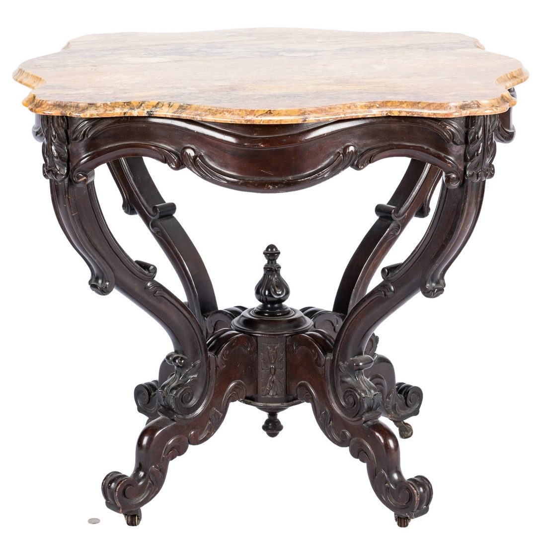 Lot 614: American Rococo Rosewood Table w/ Marble Top