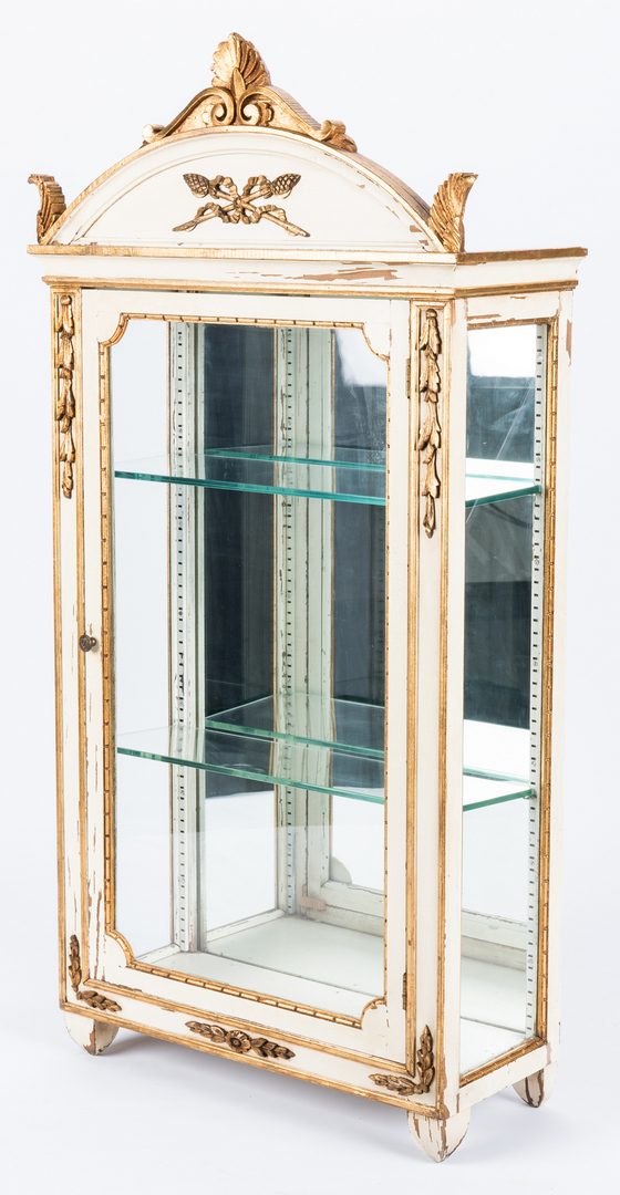 Lot 618: Neoclassical Style Hanging Curio Cabinet, w/ Sconces & Gilt Arrow