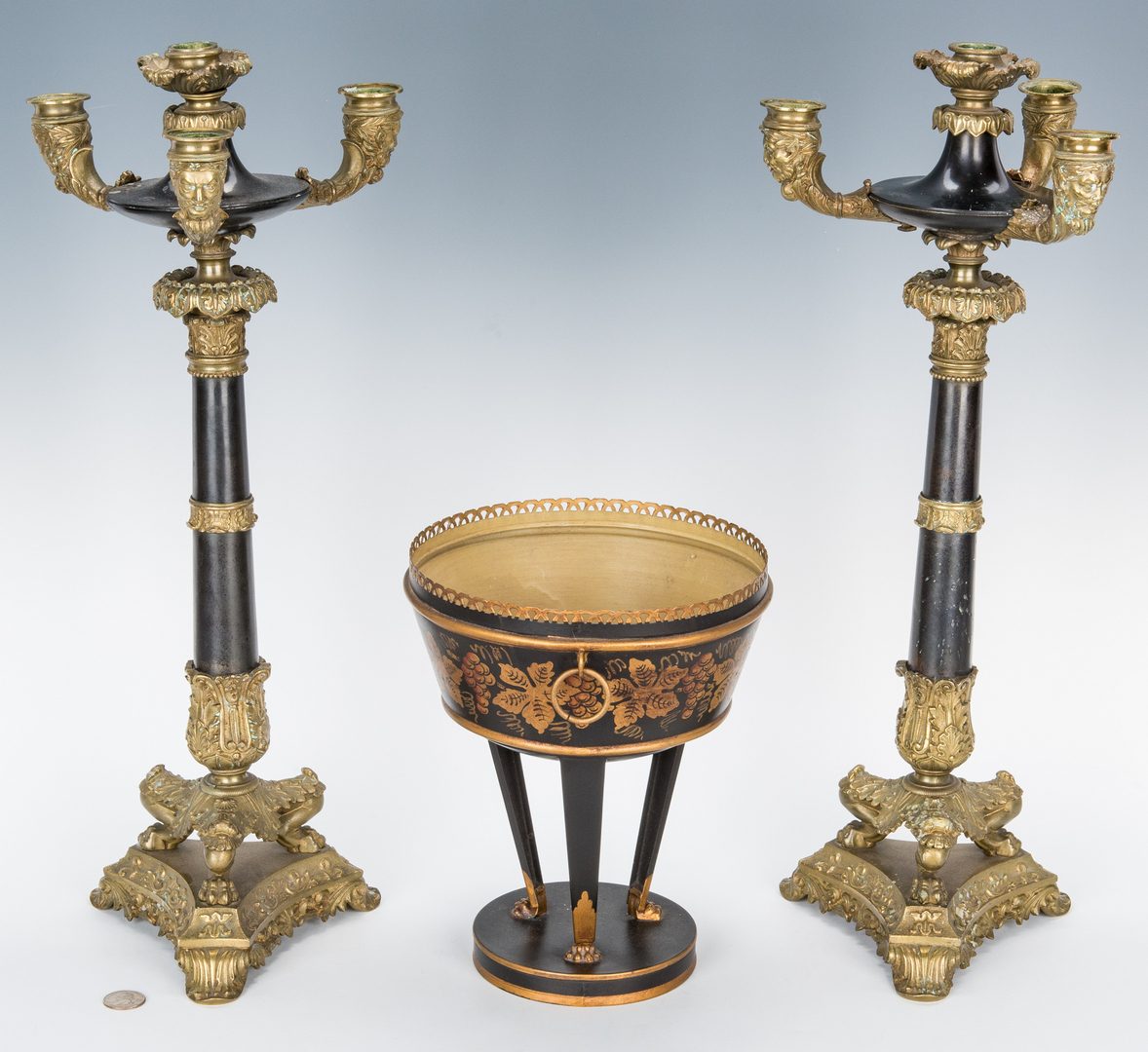 Lot 624: Pr. of Gilt Bronze Candelabra & Tole Centerpiece Basket