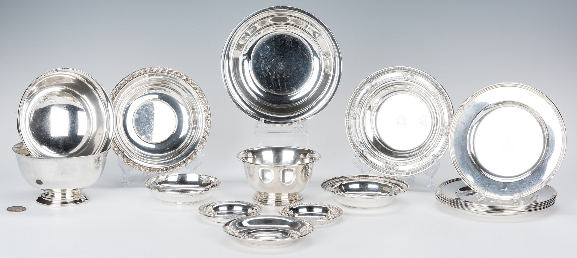 Lot 649: 17 pc Sterling Holloware incl.  Bread Plates and Bowls