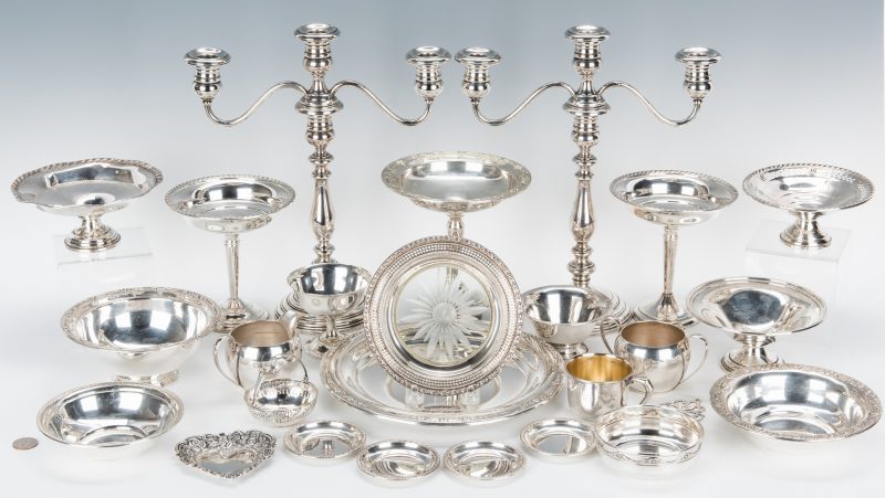Lot 656: 25 pcs. Sterling Holloware incl. Candlesticks, Candy Dishes