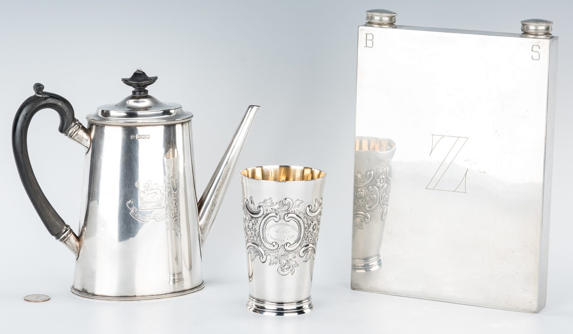 Lot 660: English Flask, Coffee Pot & Trophy Cup