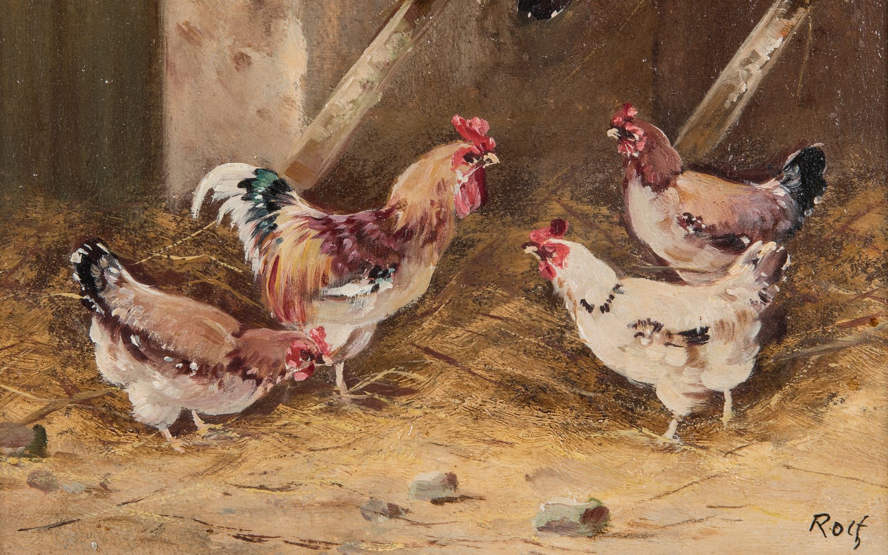 Lot 672: 2 Chicken Farm Scene Paintings signed Rolf