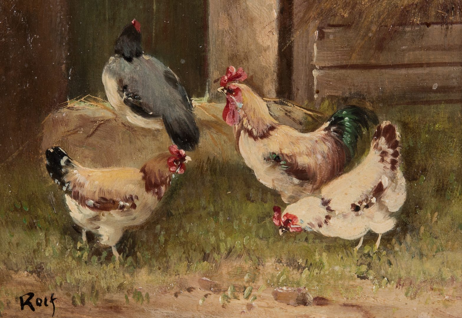 Lot 672: 2 Chicken Farm Scene Paintings signed Rolf