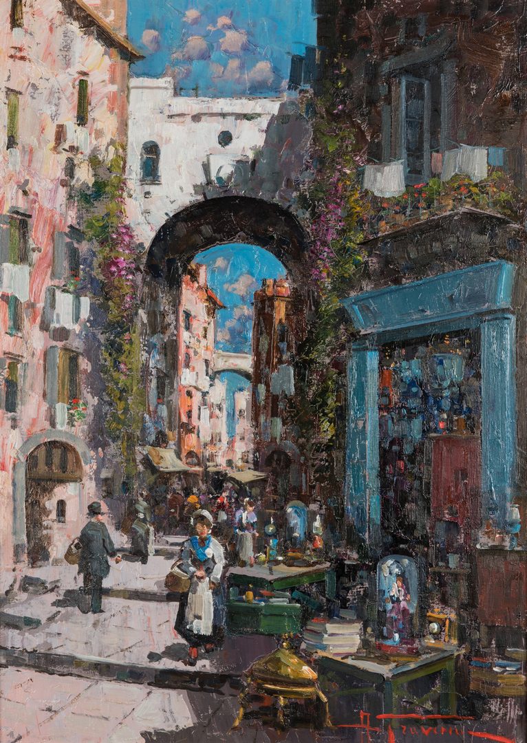 Lot 679: Signed Italian Street Scene Oil on Canvas