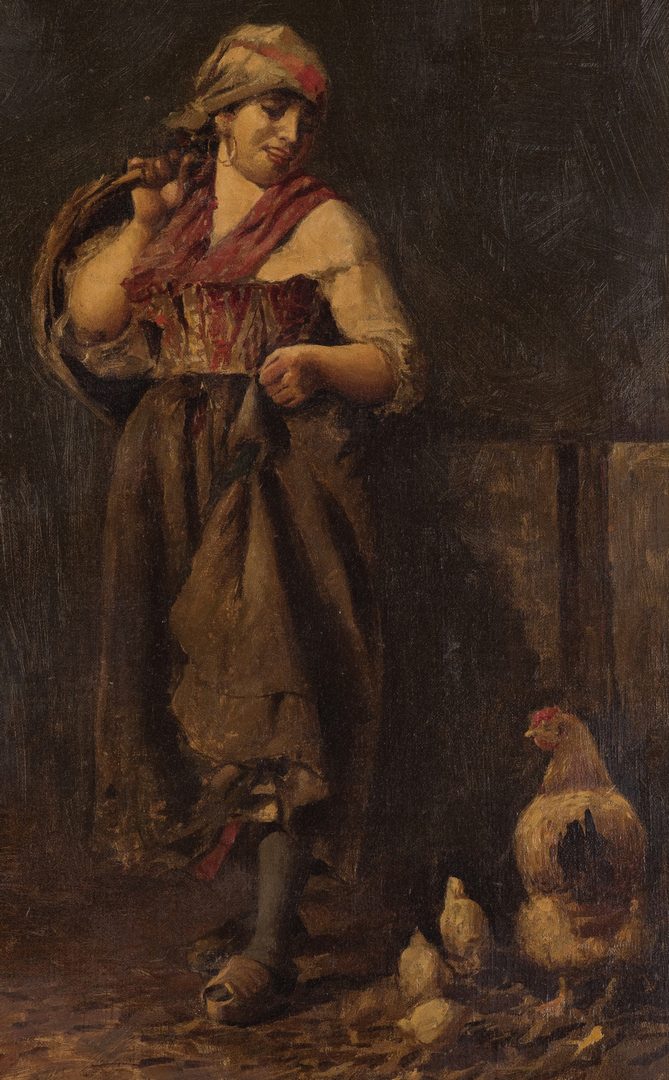 Lot 685: Italian Peasant Girl Feeding Chickens, Attr. Vince