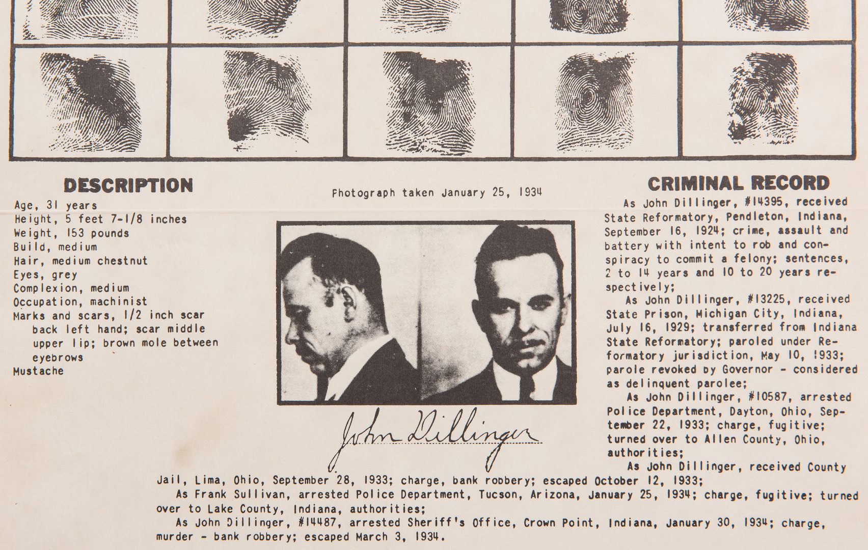 Lot 708: 3 "Wanted" Posters, incl. Bonnie and Clyde, John Dillinger