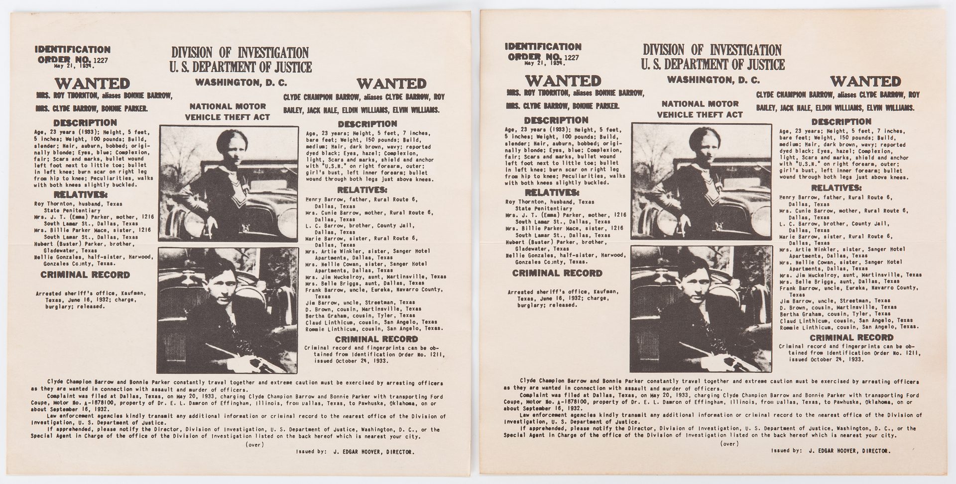 Lot 708: 3 "Wanted" Posters, incl. Bonnie and Clyde, John Dillinger
