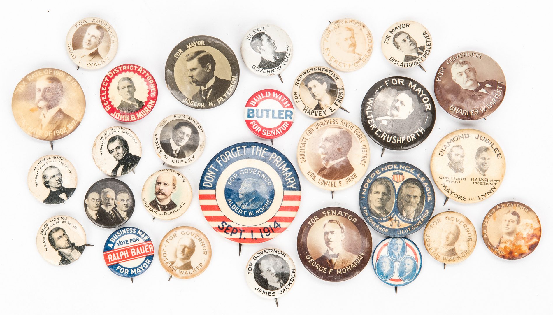 Lot 720: 86 Early Pinback Buttons, Incl. Rare Speares Auto Oils, Union, Strike & Local Political Buttons