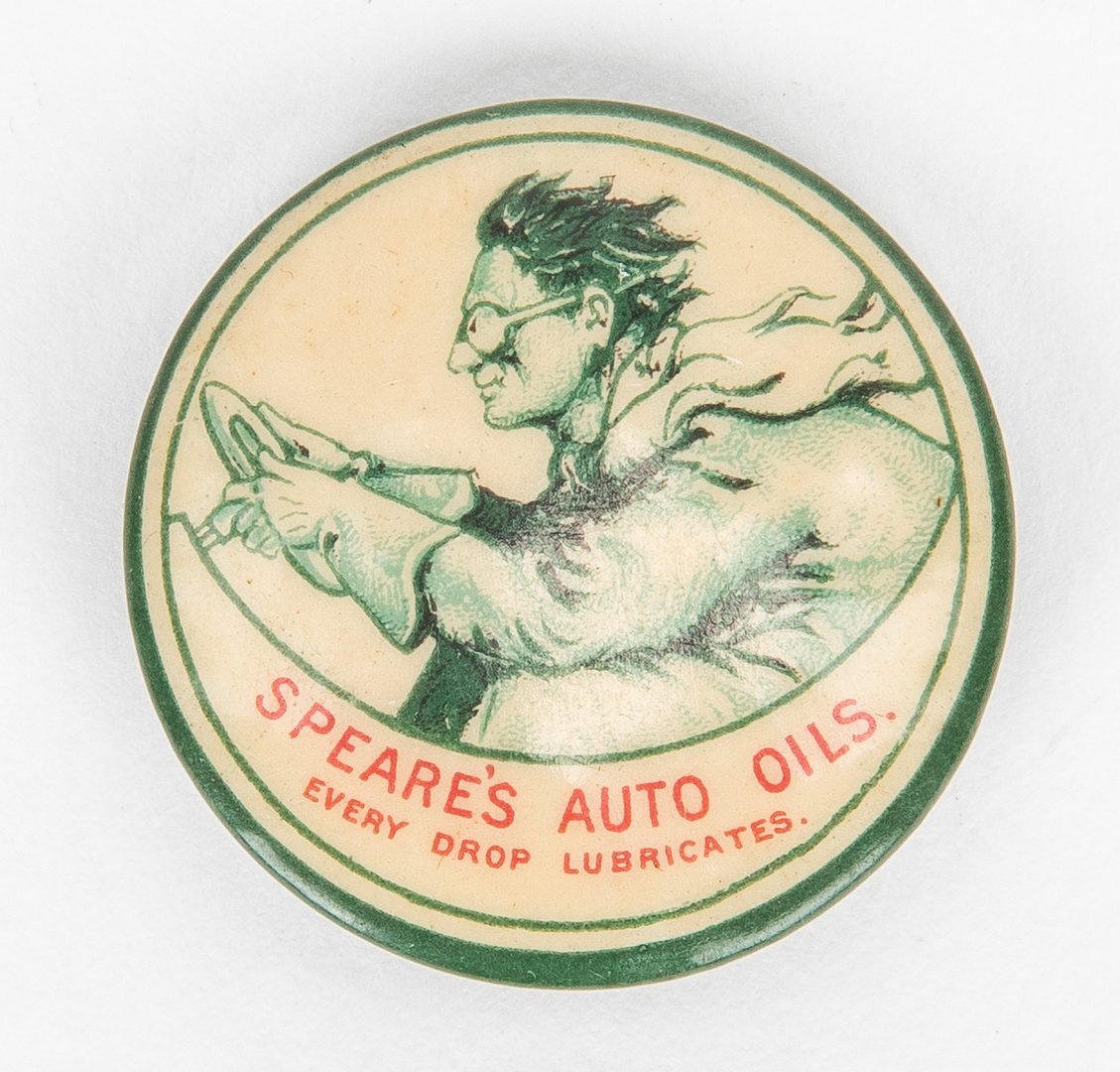 Lot 720: 86 Early Pinback Buttons, Incl. Rare Speares Auto Oils, Union, Strike & Local Political Buttons