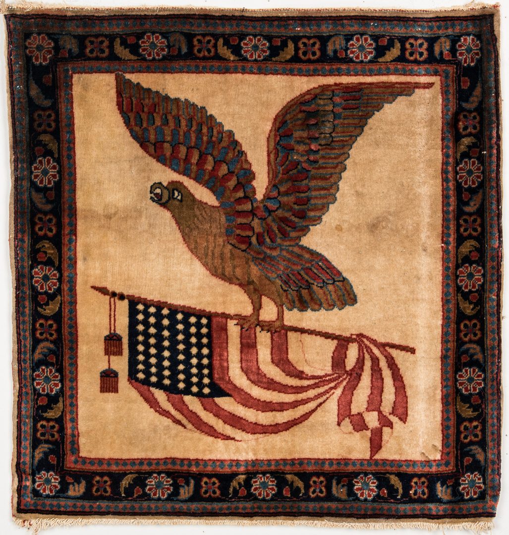 Lot 740 Kashan Eagle Flag Rug, 22" x 21" Case Antiques