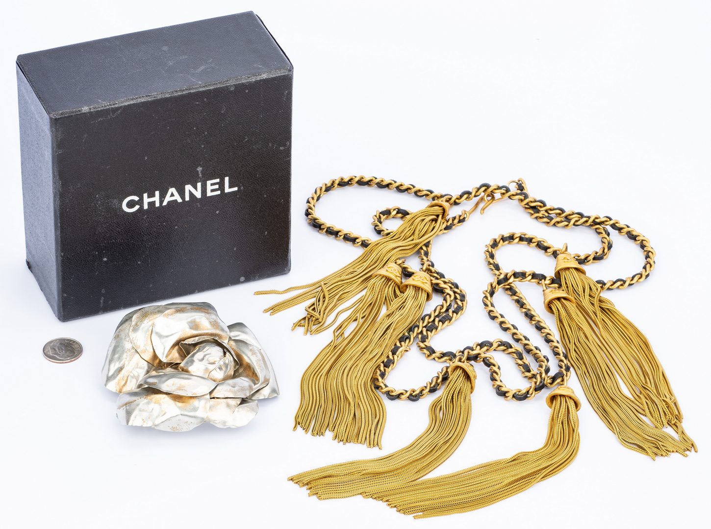 Lot 752: 5 Chanel Items, incl. Camillia Flower Brooch, Scarves and Tassel Belt