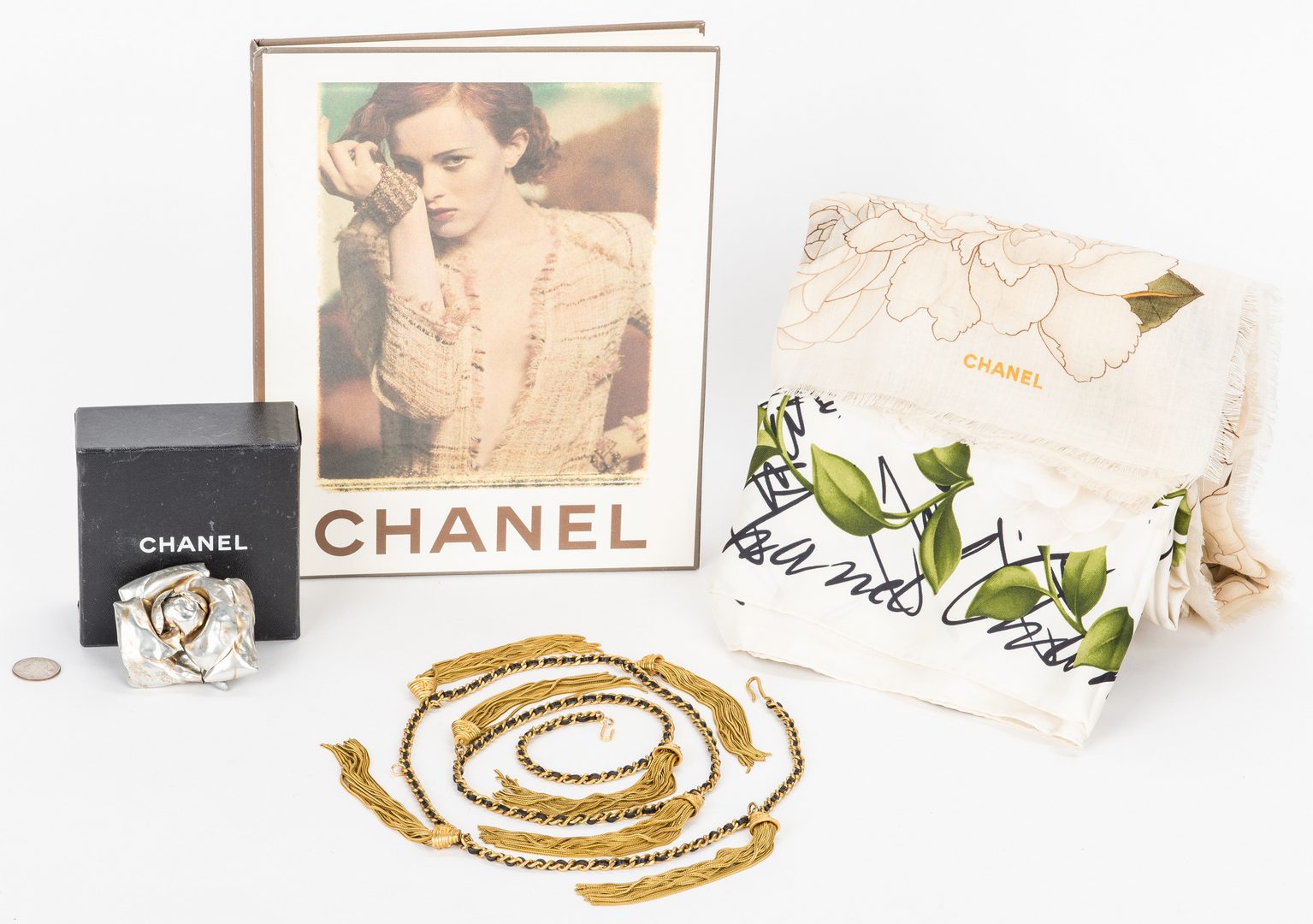 Lot 752: 5 Chanel Items, incl. Camillia Flower Brooch, Scarves and Tassel Belt