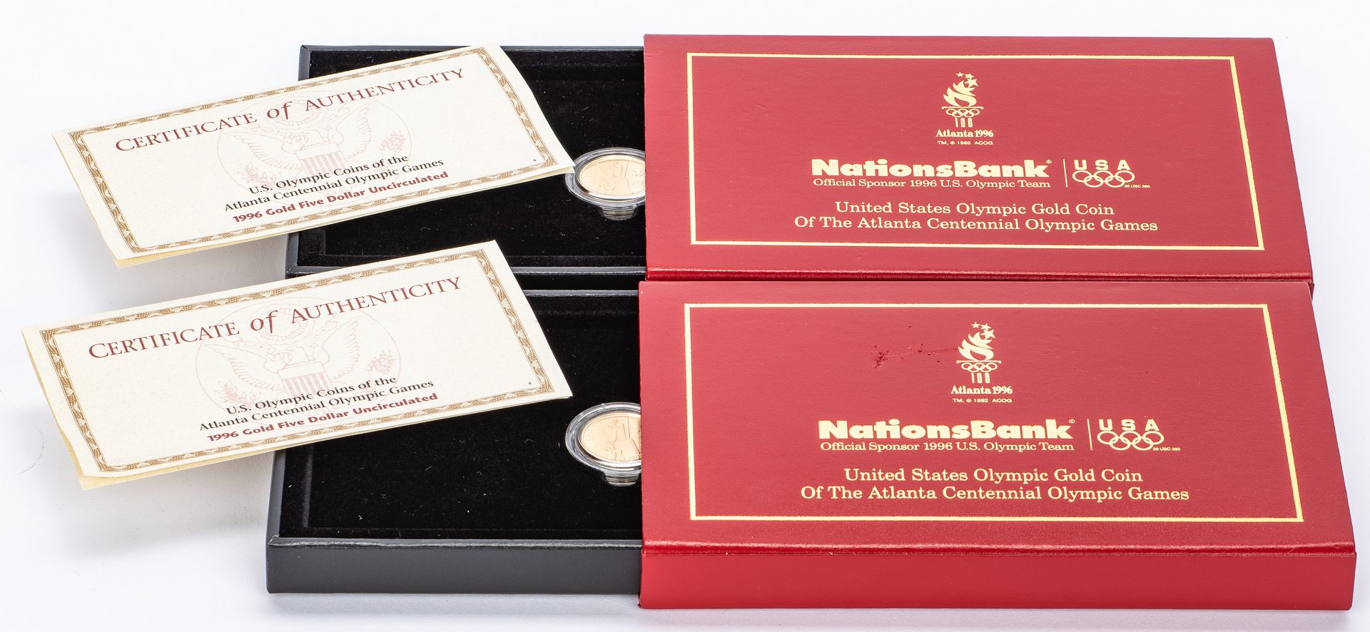 Lot 761: 4 Boxed 1996 Olympic $5 Gold Coins
