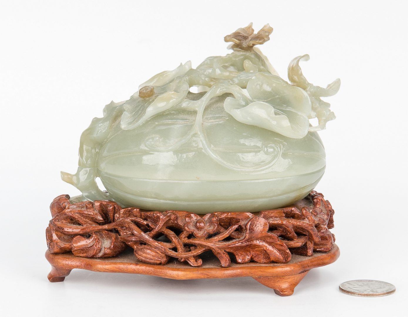 Lot 7: Carved Chinese Jade Melon Box w/ Stand