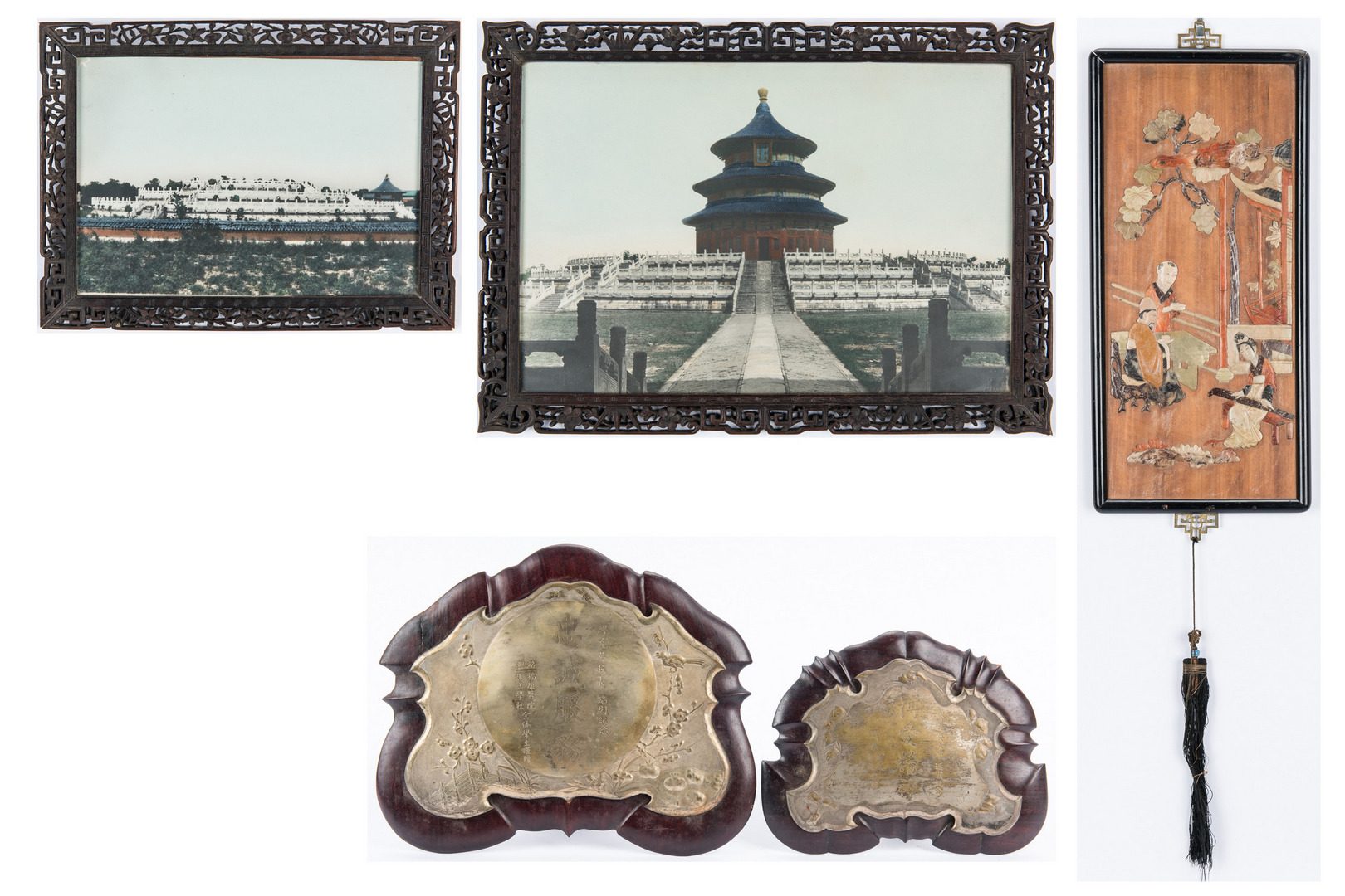 Lot 8: 2 Framed Chinese Photos, 1 Hardstone Plaque & 2 Presentation Plaques