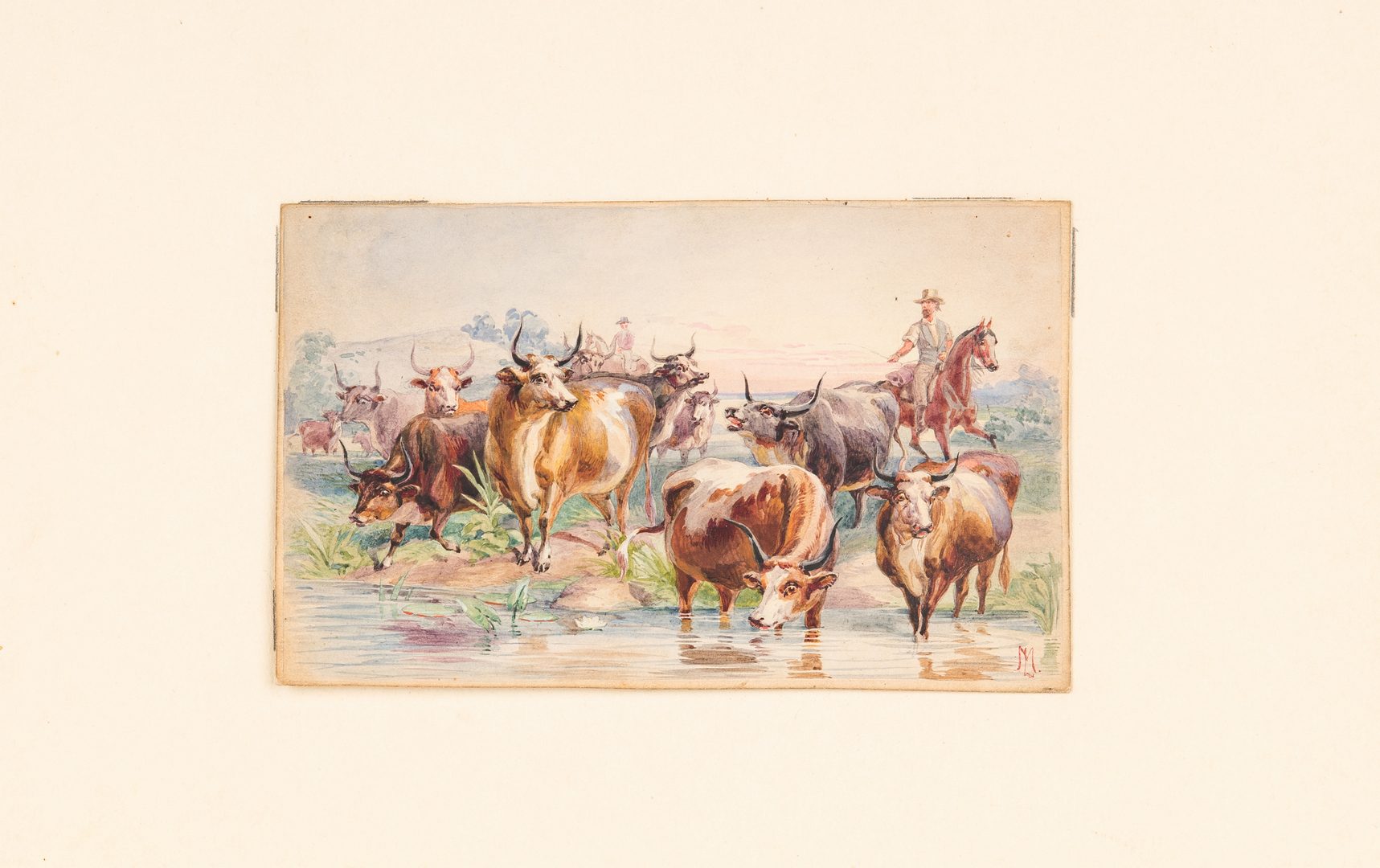 Lot 93: Louis Maurer Watercolor of Cows and Horsemen