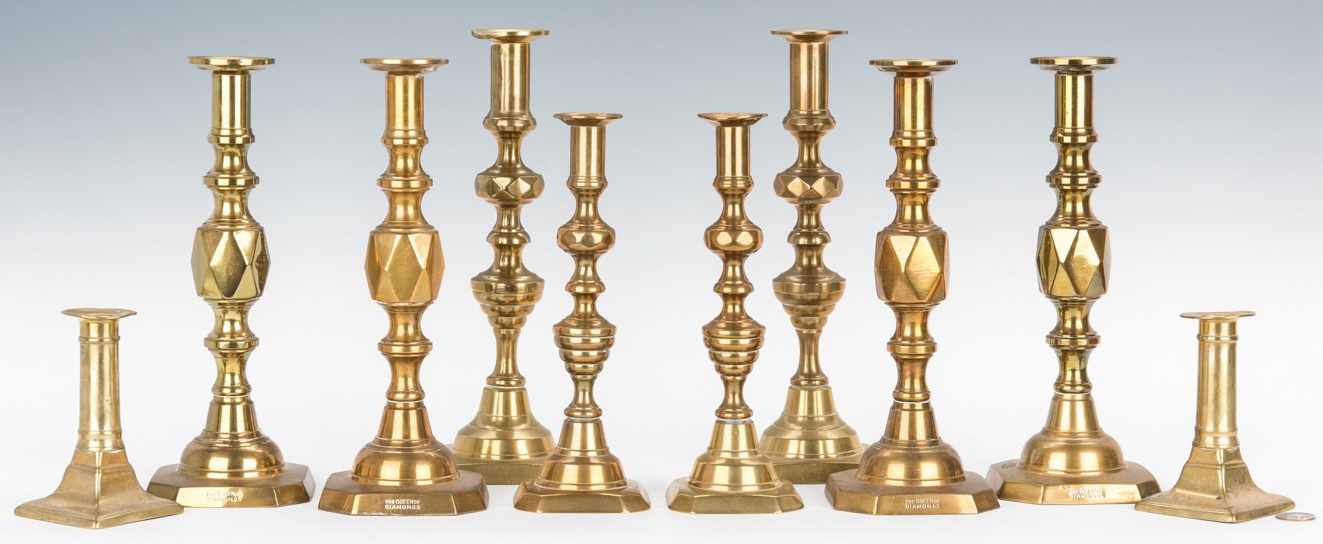 Lot 109: 5 Prs. 19th Century English Brass Candlesticks