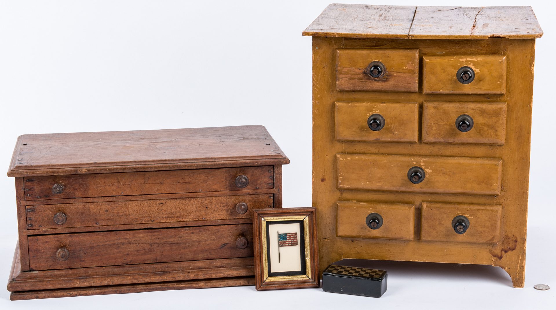 Lot 112: 2 Small Cabinets, Snuff Box & Framed Flag, 4 items