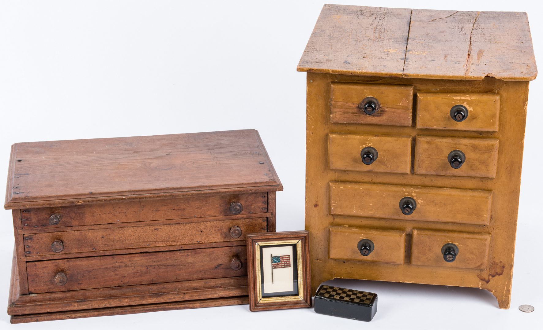 Lot 112: 2 Small Cabinets, Snuff Box & Framed Flag, 4 items