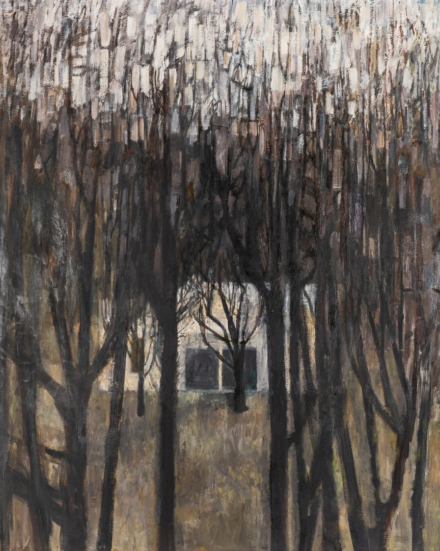 Lot 125: Joanna Higgs O/C Expressionist Landscape, Winter Trees