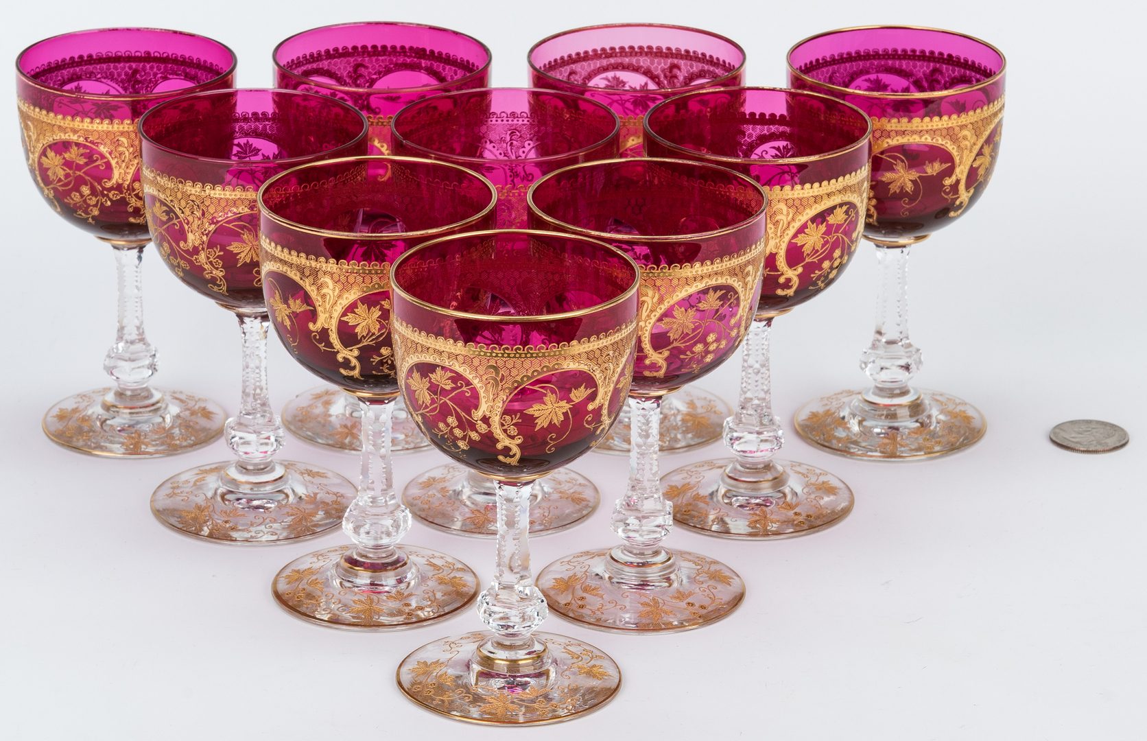 Lot 157: 14 Bohemian Art Glass Goblets w/ Gilt Highlights