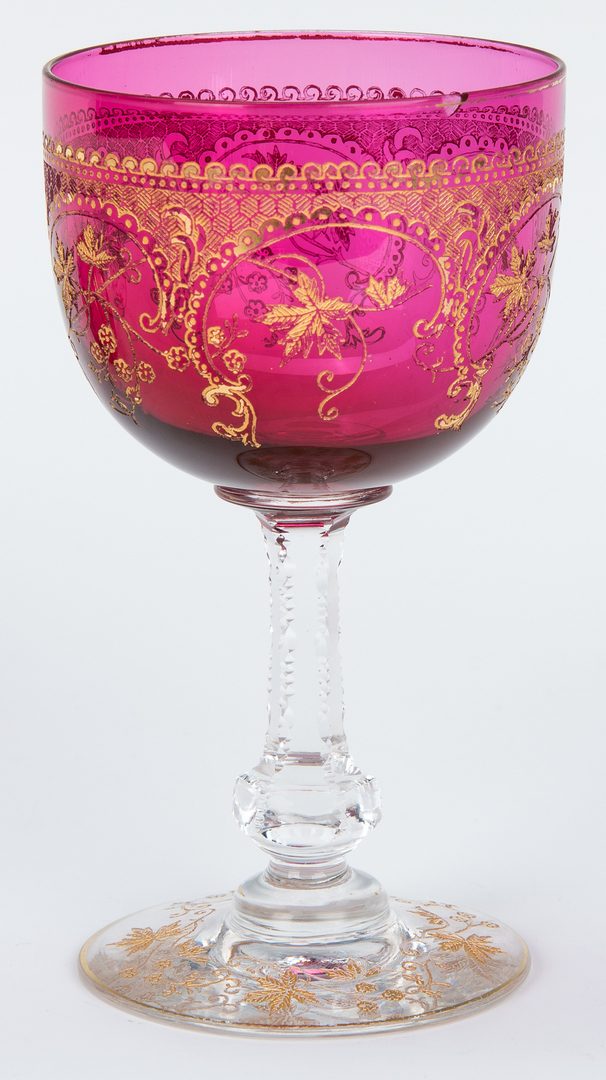 Lot 157: 14 Bohemian Art Glass Goblets w/ Gilt Highlights