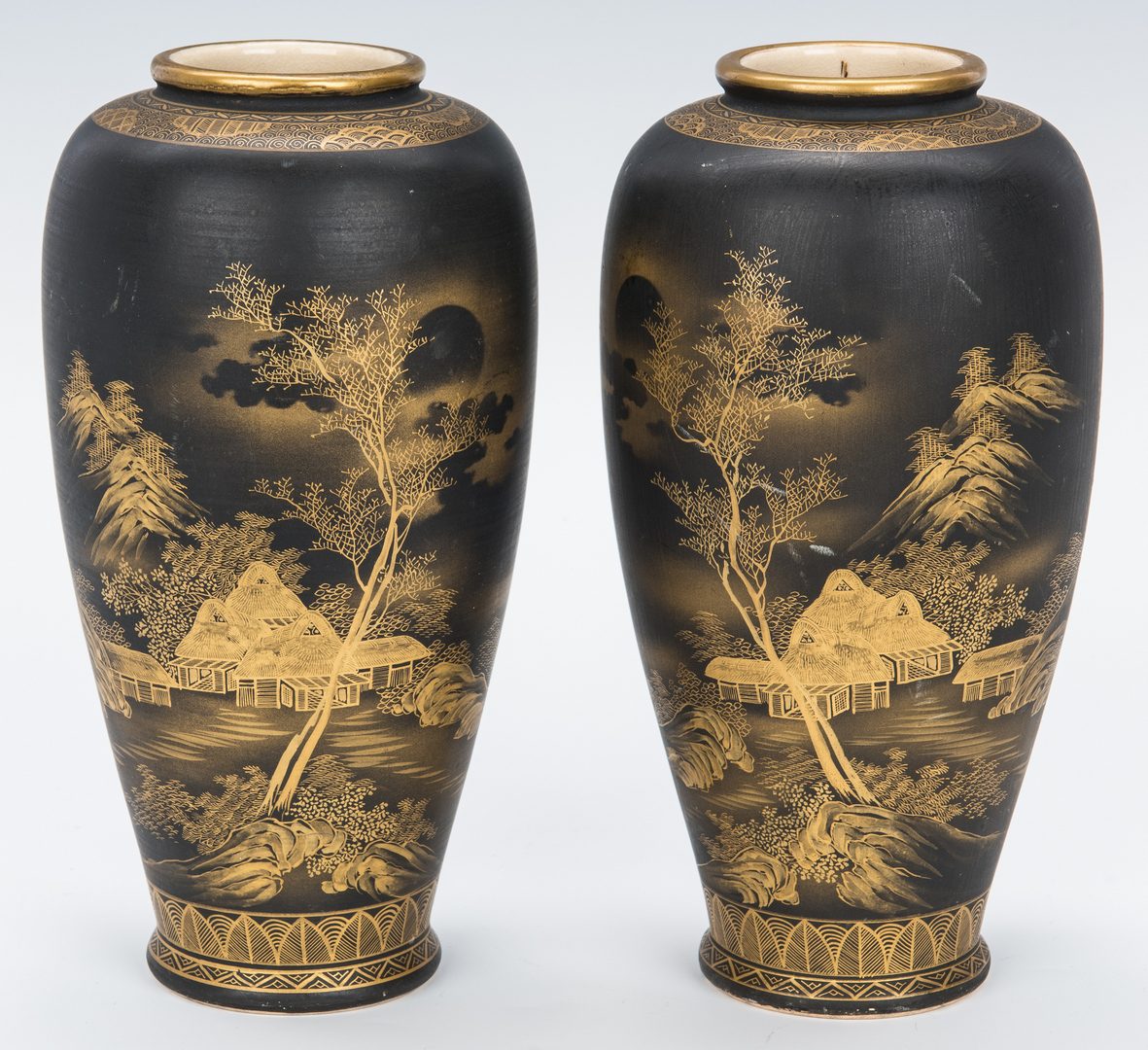 Lot 16: Pair of Black Satsuma Vases and Plate