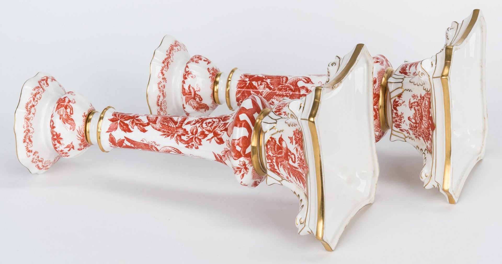 Lot 179: Pr. Royal Crown Derby Red Aves Candlesticks