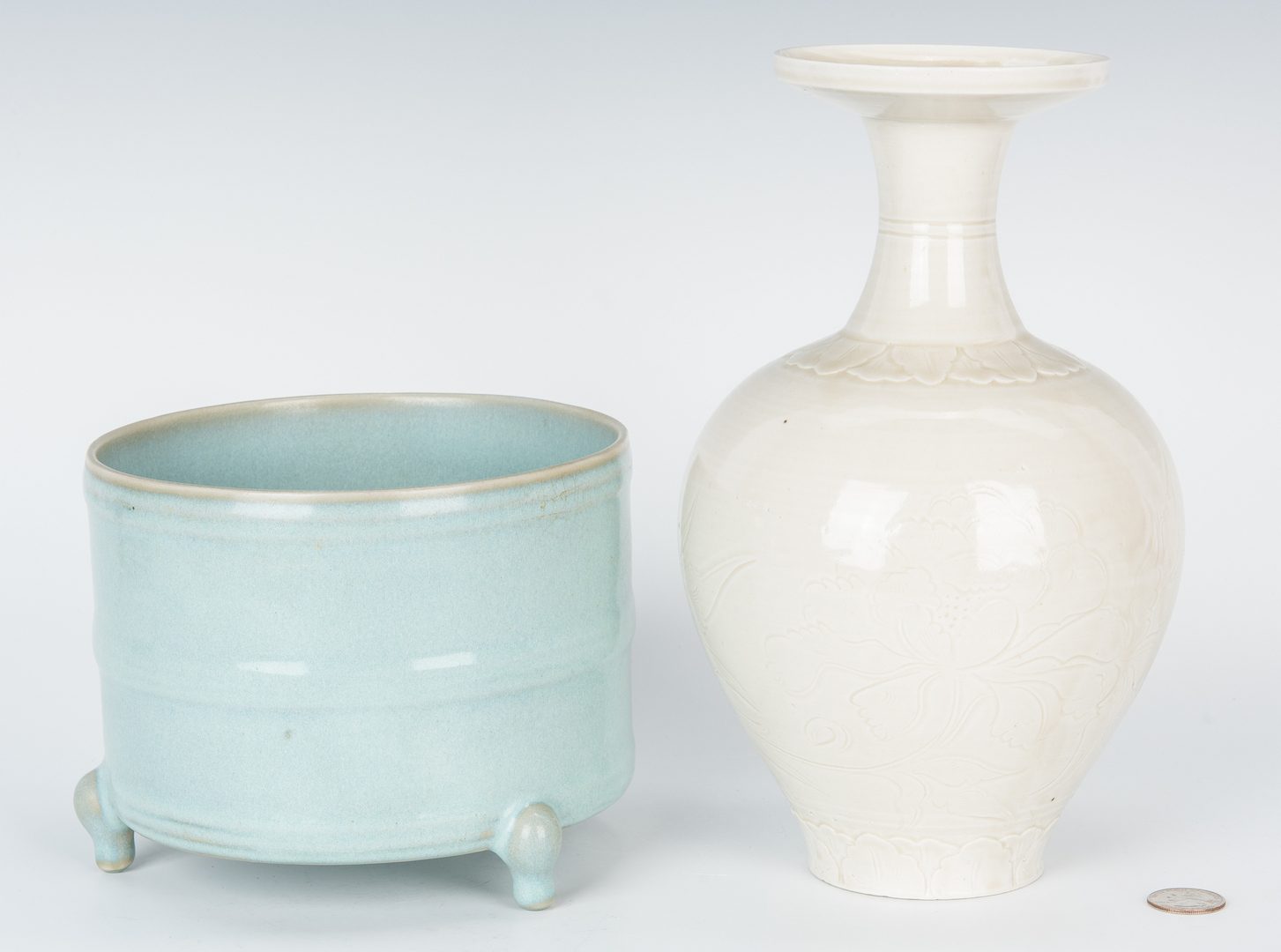 Lot 216: Chinese Ding Style Vase & Longquan Celadon Censer, 2 items