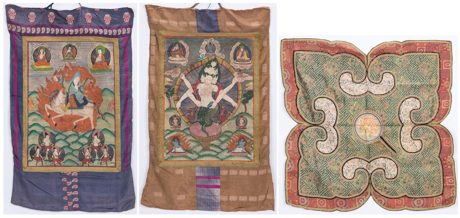 Lot 23: 2 Thangkas and 1 Chinese Embroidery, 3 items