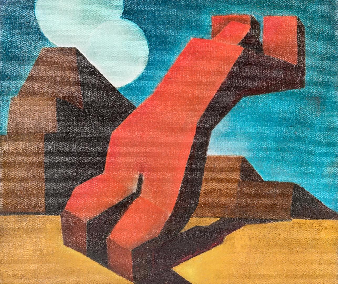 Lot 240: Rudolf Hess Expressionist Oil Painting, Red Figure w/ Ziggurat