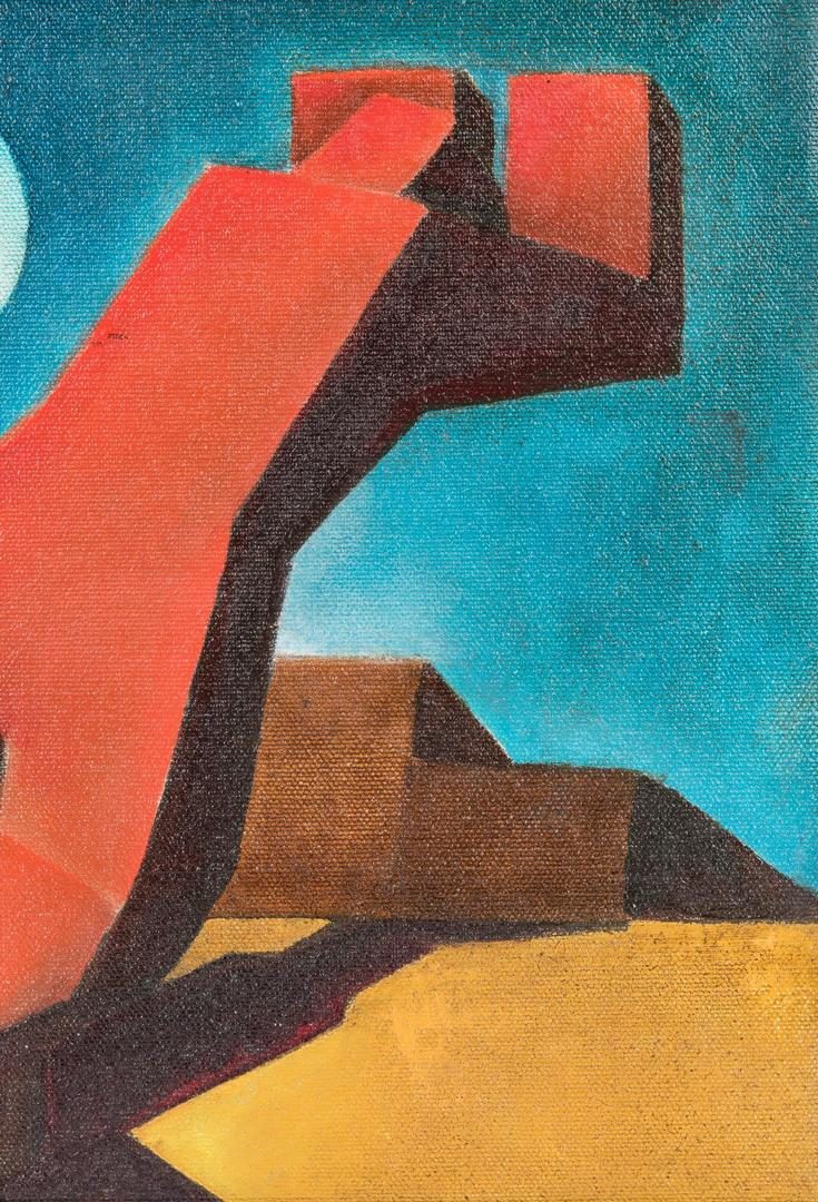 Lot 240: Rudolf Hess Expressionist Oil Painting, Red Figure w/ Ziggurat