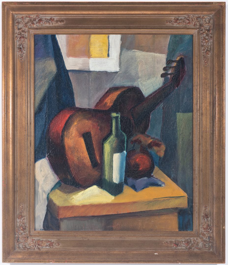 Lot 243: Attr. Karl Hermann Baumann, Cubist Still Life with Wine and Guitar