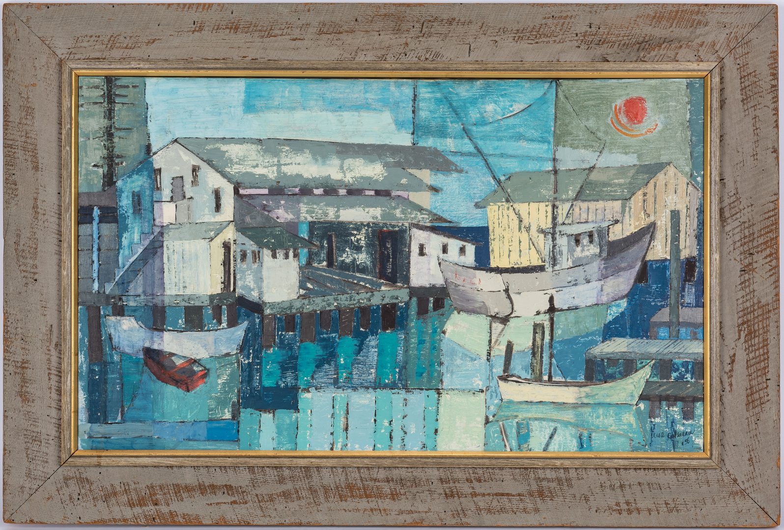 Lot 254: Irene S. Coleman O/C Cubist Painting, Harbor at Night