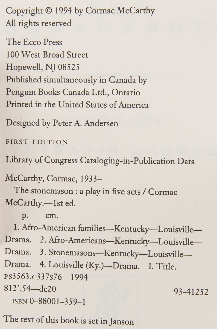 Lot 291: 4 Cormac McCarthy 1st Eds., incl. Border Trilogy