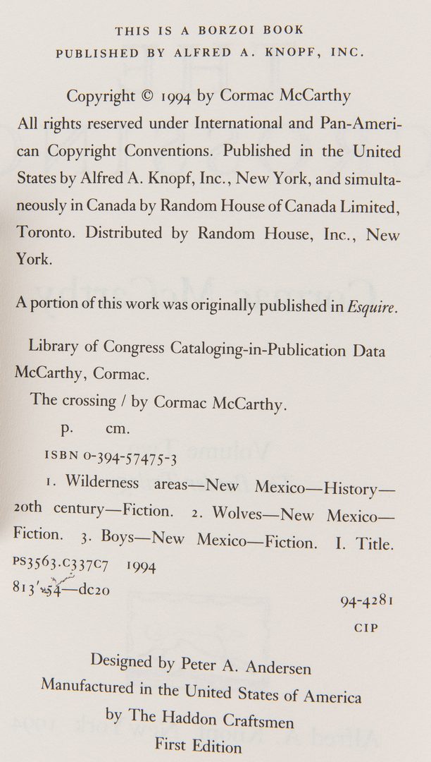 Lot 291: 4 Cormac McCarthy 1st Eds., incl. Border Trilogy