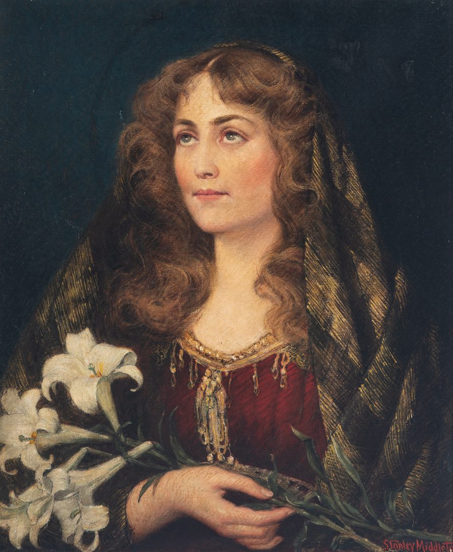 Lot 327: Stanley Middleton O/C Portrait, Lady with Lilies