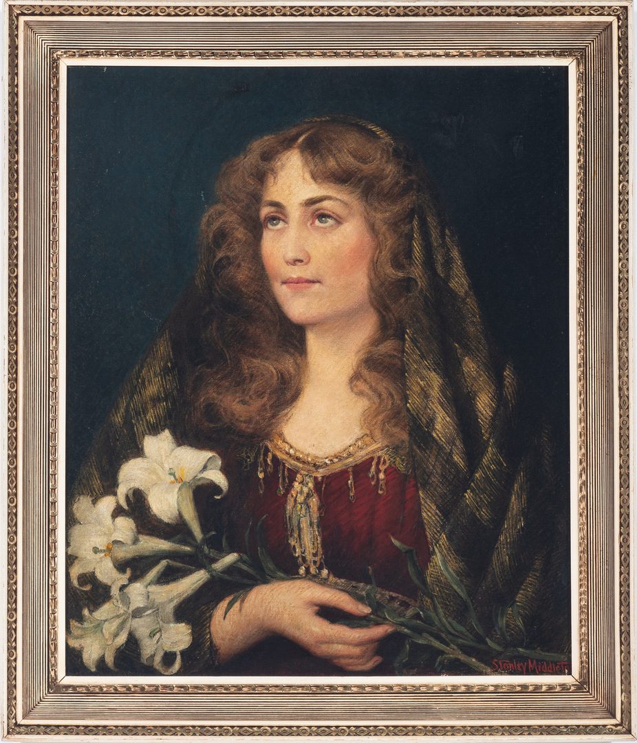 Lot 327: Stanley Middleton O/C Portrait, Lady with Lilies