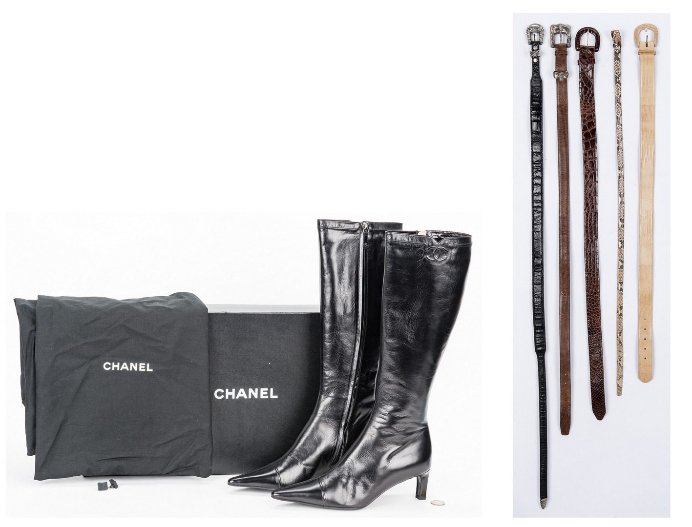 Lot 353: New Chanel Ladies Black Leather Boots & 5 Fashion Belts